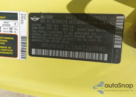 2010 Mini Cooper из США, поврежденный, VIN WMWMF3C5XATZ63980